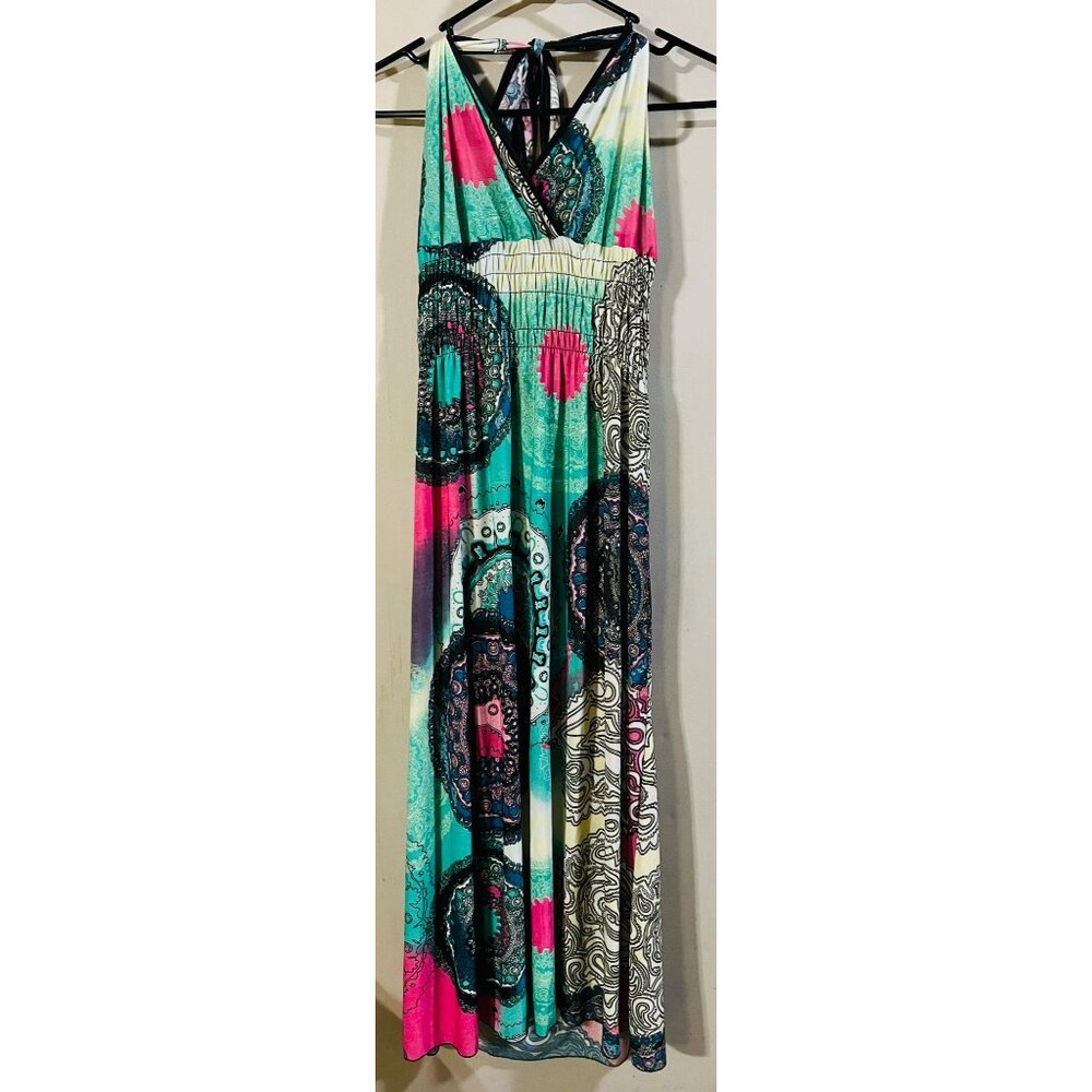 Paris Pink Women's Halter Maxi Dress Size L Multicolor Bohemian Print